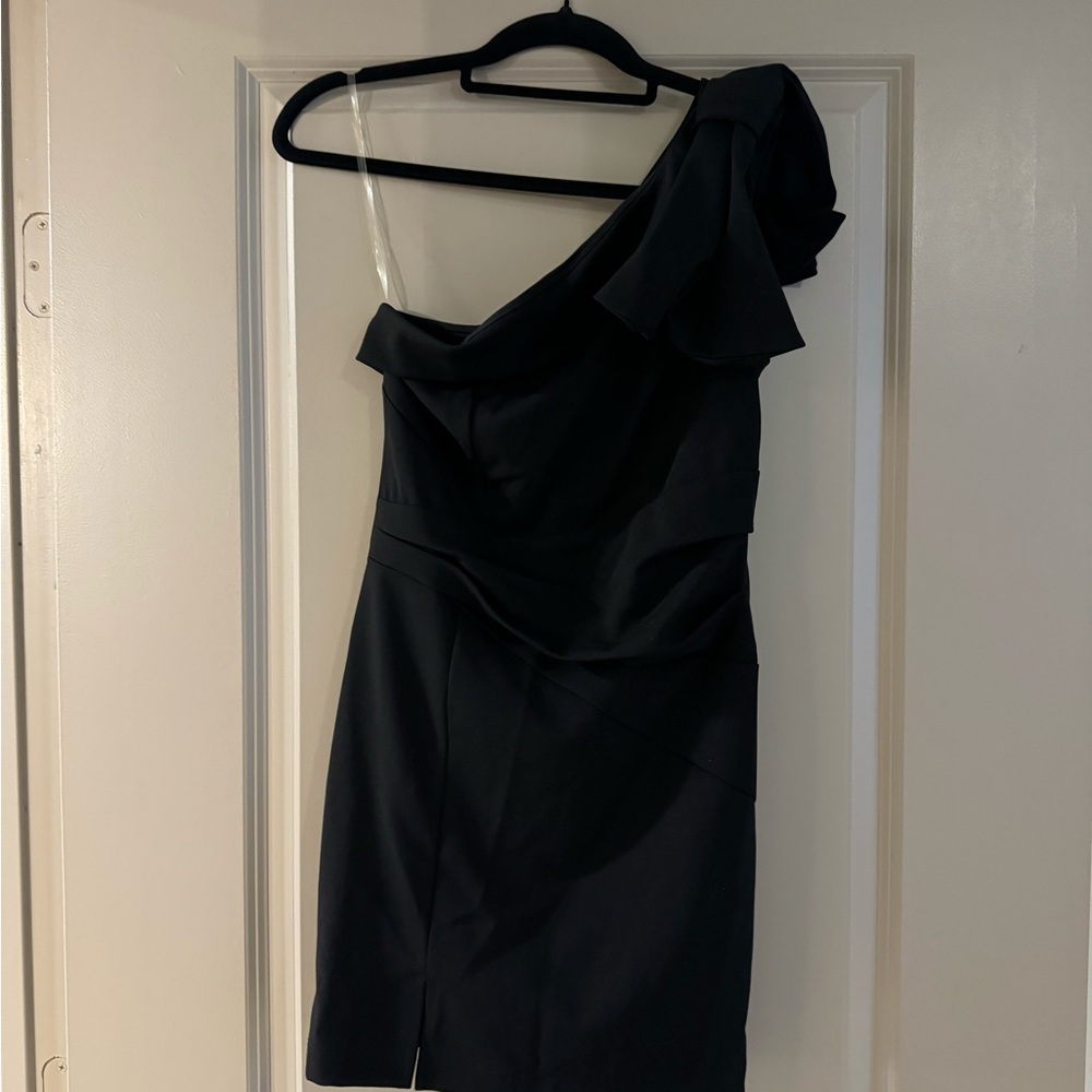 One Shoulder Black Cocktail Dress with Flat laying bow detail